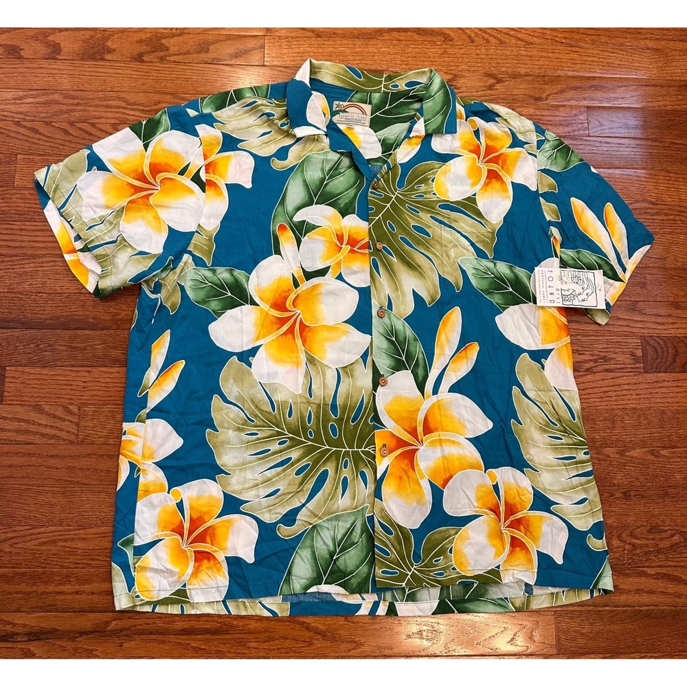 New Vintage Paradise Found Hawaiian Shirt Mens 2XL Plumeria Floral Rayon Vibrant